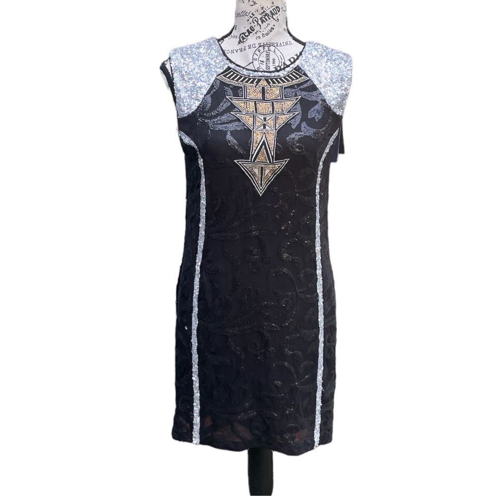 NWT April, May designer sequin cocktail wedding dress black silver woman S